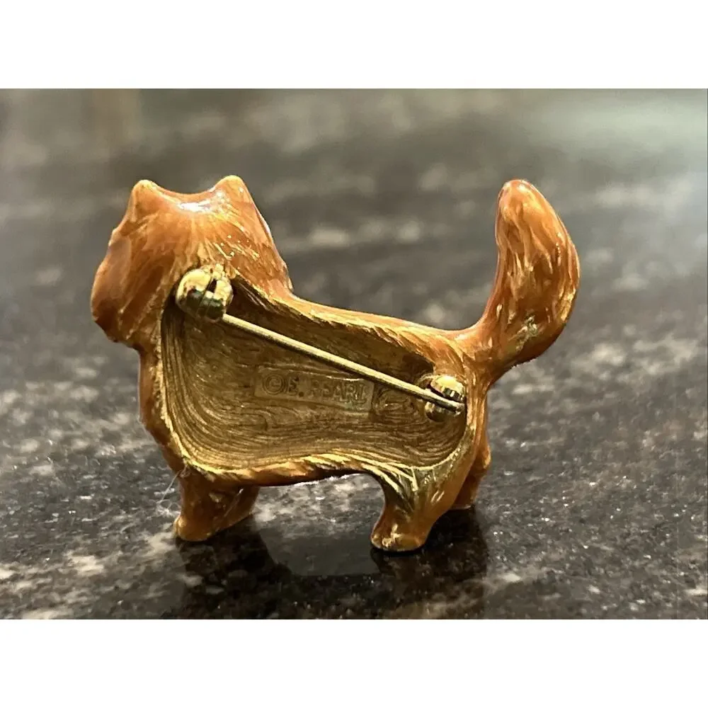 Vtg Erwin E. Pearl Orange Enamel Persian Cat Brooch Pin Clear Rhinestone Eyes